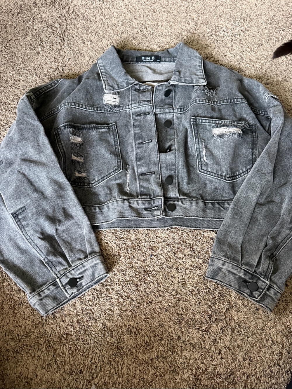 Blue B Cropped Washed Gray Denim Jacket with Distressed Details